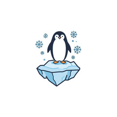 Cute Penguin Standing on Iceberg Amid Falling Snowflakes with White Background