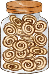 Chocolate and Vanilla Pinwheel Cookies in a Jar. Watercolor vector fit for label, cooking books or eid al fitr assets
