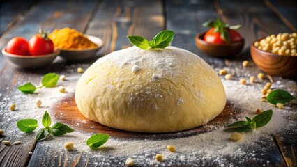 Fototapeta premium A perfectly formed sphere of soft and airy pizza dough, dusted lightly with cornmeal, ready to be topped with a variety of savory ingredients , food styling, culinary arts