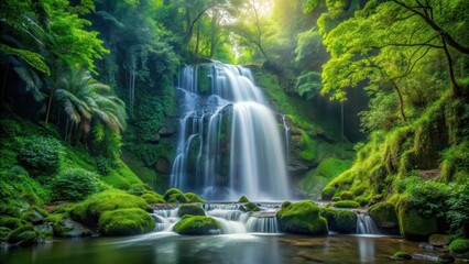Waterfall cascading through lush green forest , serene scene, cascade,  serene scene, cascade, forest, peaceful