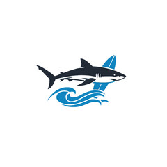 Dynamic Shark Logo With Ocean Waves and Surfboard in Illustration