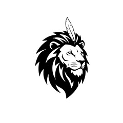 Lion Illustration with Feather Symbolizing Strength and Tradition in Monochrome Artwork