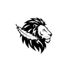 Stylized Lion Head With Feather in Black and White Design