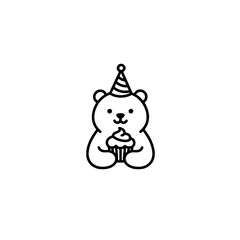 Cute Bear Illustration with Cupcake and Party Hat for Celebrations
