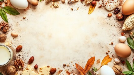 Obraz premium Autumn Baking Ingredients Frame: A rustic, autumnal arrangement of baking ingredients forms a charming frame, perfect for showcasing recipes or seasonal promotions. The image features eggs, nuts.