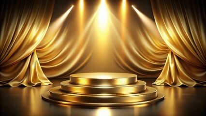 Luxurious gold silk covered podium radiating elegance in a bright spotlight , sophisticated, high end