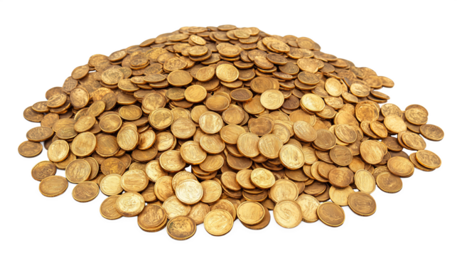 A mountain of golden coins isolated on transparent background