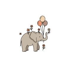 Whimsical Illustration of Elephant with Balloons and Floral Embellishments