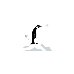 Black Penguin Standing on Iceberg with Snowflakes in Minimalist Art Style