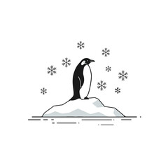 Penguin Standing on Iceberg with Snowflakes in Minimalist Art Style