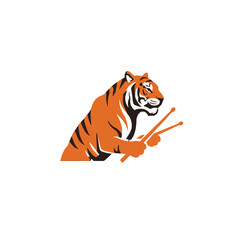 Tiger Holding Drumsticks with Artistic Orange Design on White Background