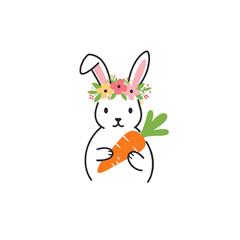 Cute Bunny Holding Carrot with Floral Wreath Headband Illustration