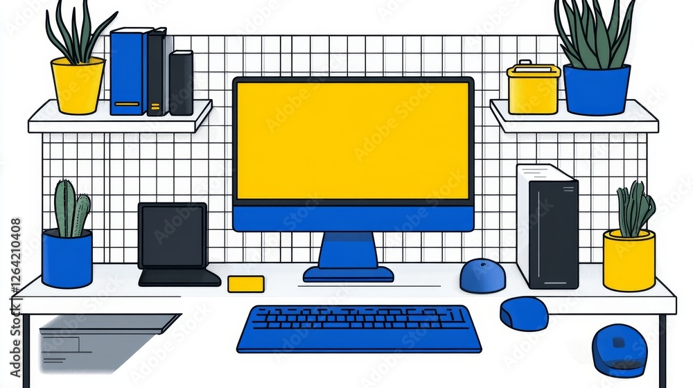 Poster stylish home office setup with computer and plants in yellow and blue minimalist digital flat design