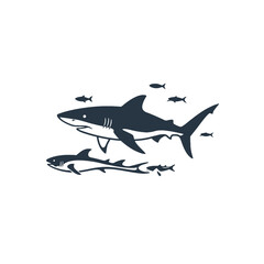 Stylized Image of Sharks Swimming Among Small Fishes in Ocean Scene