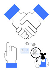 Handshake, pointing finger, magnifying glass over dollar sign, card under analysis, woman in apron. Ideal for business partnerships, agreements, transactions, financial analysis teamwork customer