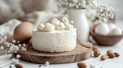 Fototapeta premium Creamy Delights: A rustic wooden board displays a delectable, small, round cheesecake adorned with delicate white flowers, accompanied by eggs and almonds.