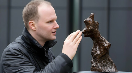 Man Appreciating Bronze Sculpture