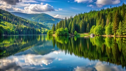 Obraz premium Lush greenery surrounds a serene lake at Titisee in the Black Forest