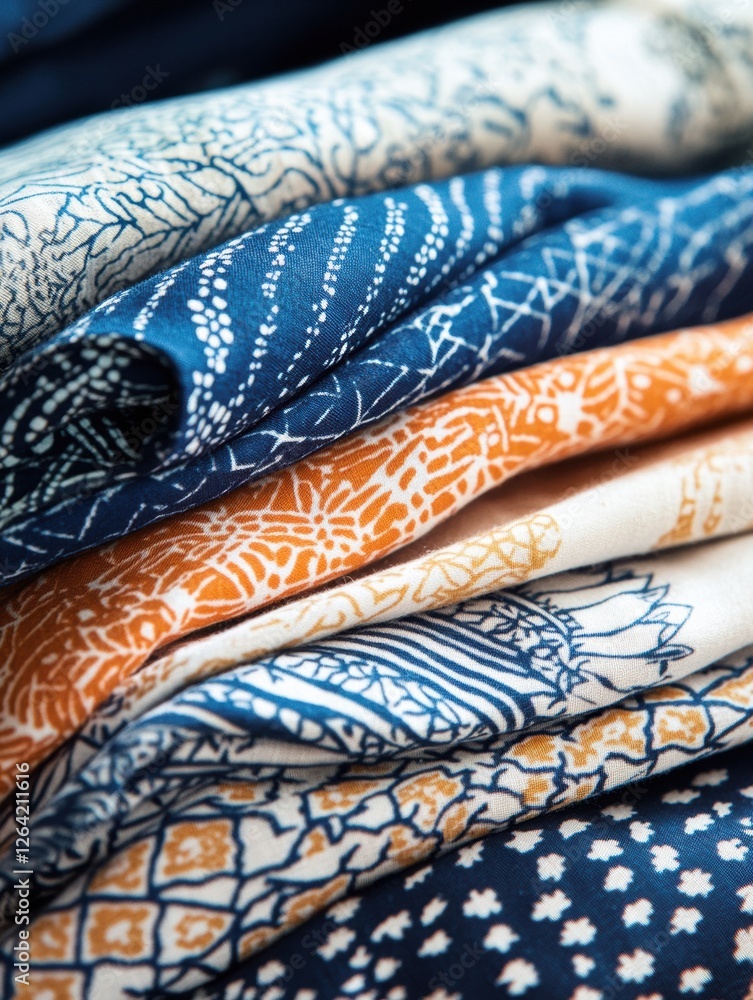 Fototapete colorful patterned fabrics featuring floral and geometric designs with space for custom text or bran