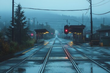 On a misty day, wet rail tracks lead to a train station. Generative Ai