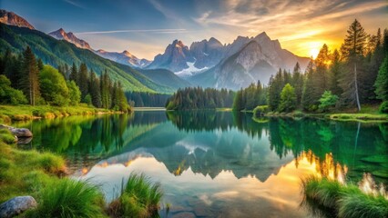 Obraz premium Serene alpine lake surrounded by towering mountains and lush greenery at sunrise, outdoor scene, serene landscape