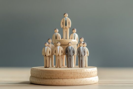 木製のミニチュアビジネスマンたちが階層的に配置された写真（組織・出世・パワハラ・企業構造・差別・権力）