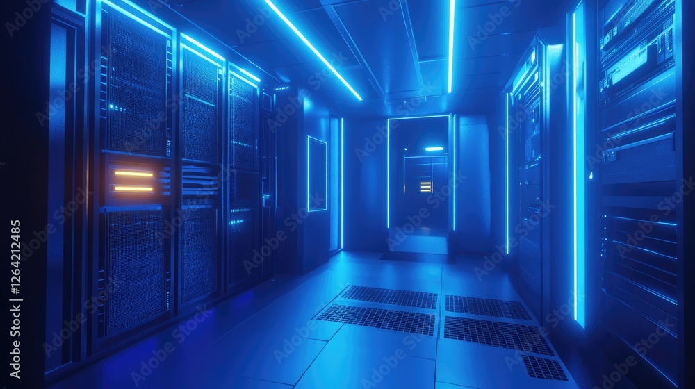 Poster A futuristic server room illuminated by vibrant blue lighting, featuring high-tech equipment and secure data infrastructure. Ideal for cybersecurity, cloud storage, and digital networking