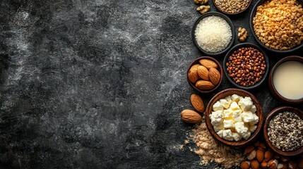 A Bountiful Harvest of Grains and Nuts: An overhead shot showcasing a variety of grains, nuts, and dairy in rustic bowls, arranged artfully on a dark textured surface.