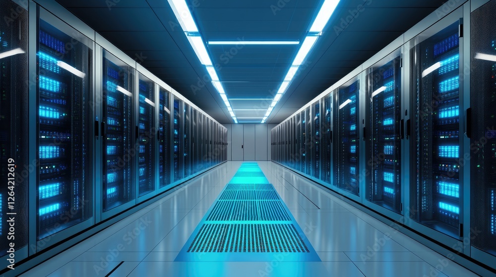 Aufkleber A high-tech data center with illuminated server racks and blue lighting. Ideal for cloud computing, cybersecurity, and digital infrastructure visuals