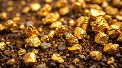 Dirt surface with scattered gold nuggets, revealing intricate details under magnification, earth sciences, close-up of rough dirt