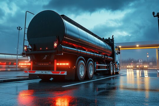 Black Tanker Truck Parked at Gas Station Under Dramatic Night Sky with Rain Reflections - Powered by Adobe