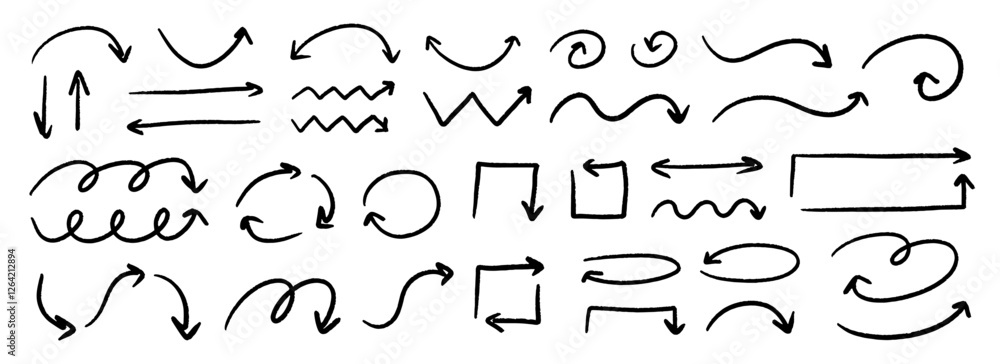 Poster hand drawn curved, squared and straight arrow set. black grunge sketch arrow collection. doodle sket