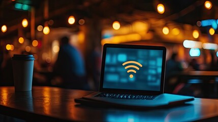 A sleek laptop in a trendy coffee shop at night, with a strong WiFi symbol glowing on the screen.