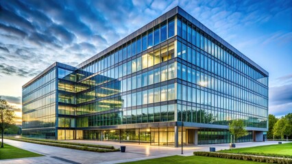 Modern corporate headquarters building with a large glass fa?ade and sleek architecture, business office, futuristic buildings