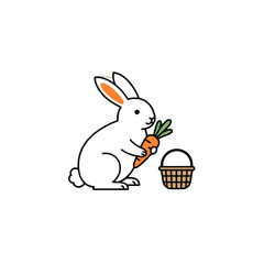 Cartoon Rabbit Holding Carrot with Basket in Simple Illustration Style