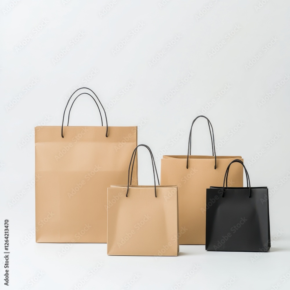 Poster empty shopping bags in various sizes and colors displayed against a minimalistic light background