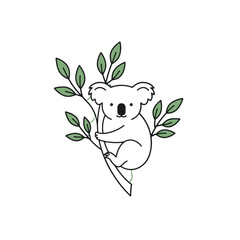 Adorable Cartoon Koala Climbing a Tree with Green Leaves in a Minimalist Style © isuru