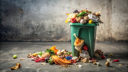 A worn-out plastic recycle bin is bursting at the seams, spilling its contents of food scraps, dirty rags, and discarded fabrics onto a dirty concrete floor , waste, environmental damage