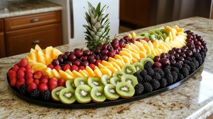 Colorful fruit platter centerpiece, kitchen background, party food