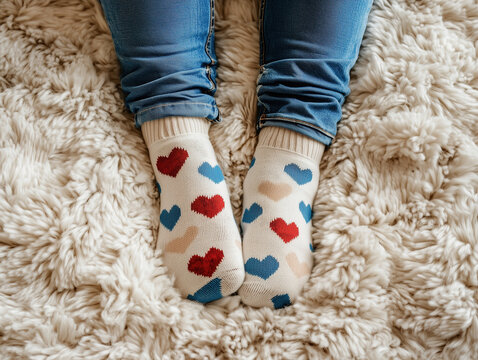 Feet resting together on a soft rug both wearing matching heart-themed socks