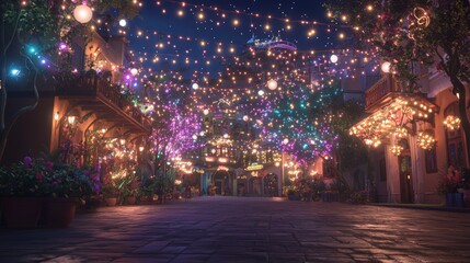 Vibrant Night Market With Festive Decorations and Colorful Lights