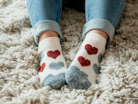 Feet resting together on a soft rug both wearing matching heart-themed socks