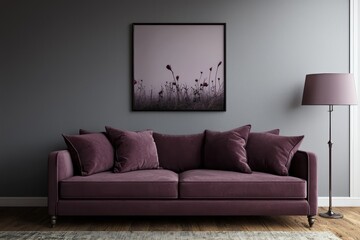 Atmospheric dark living room, dusty purple sofa, art space.