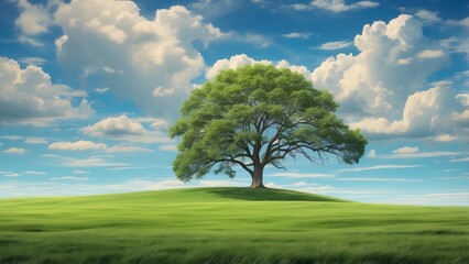 Obraz premium Panoramic View: Green Hills and Meadows Beneath Blue Skies and White Clouds (AI-Generated)