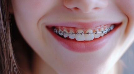 Fototapeta premium A detailed close-up of a smiling person with braces, showcasing the precision of modern orthodontics. Soft lighting enhances the shine of teeth and metal brackets.