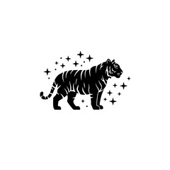 Black Silhouette of a Tiger with Sparkling Stars on a White Background