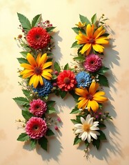 letter,HA, floral, flowers, vibrant, colorful, artistic, elegant, design, organic, natural, red, yellow, pink, blue, white, blooms, green, leaves, accents, beige, background, soft, texture, warm, 