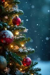 Snowflakes gently falling on a beautifully decorated Christmas tree, winter wonderland, christmas tree, snow covered