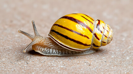 Yellow striped snail crawling on a textured surface