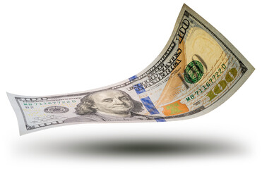100 dollars banknotes falling in the air isolated on white, Flying 100 American dollars banknotes...